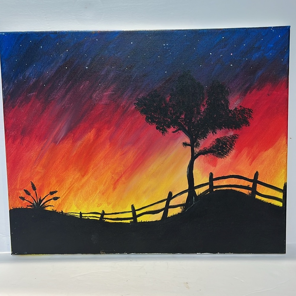 Original art work of starry night and old fence, signed & dated by artist 2016